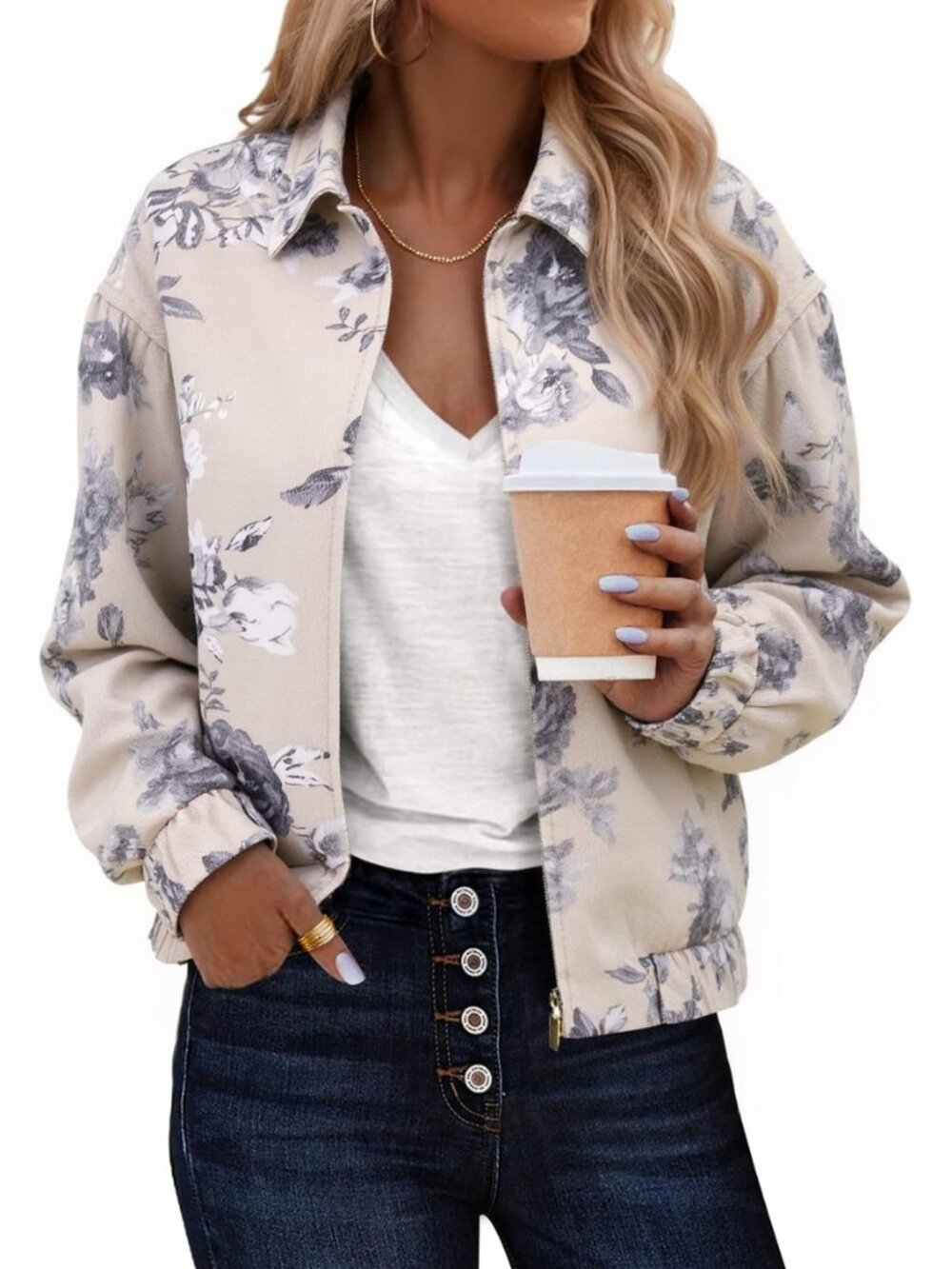 Womens Floral Zip Up Bomber Jackets Long Sleeve Denim Coat Trendy